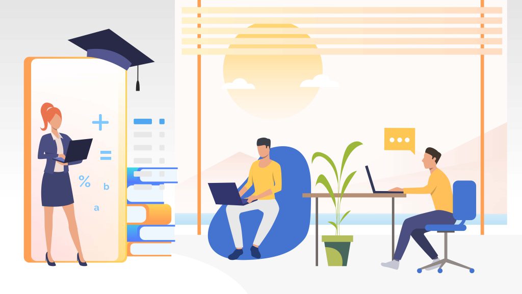 People studying at online school in office or at home. Service, literature, study concept. Vector illustration can be used for topics like knowledge, education, online school